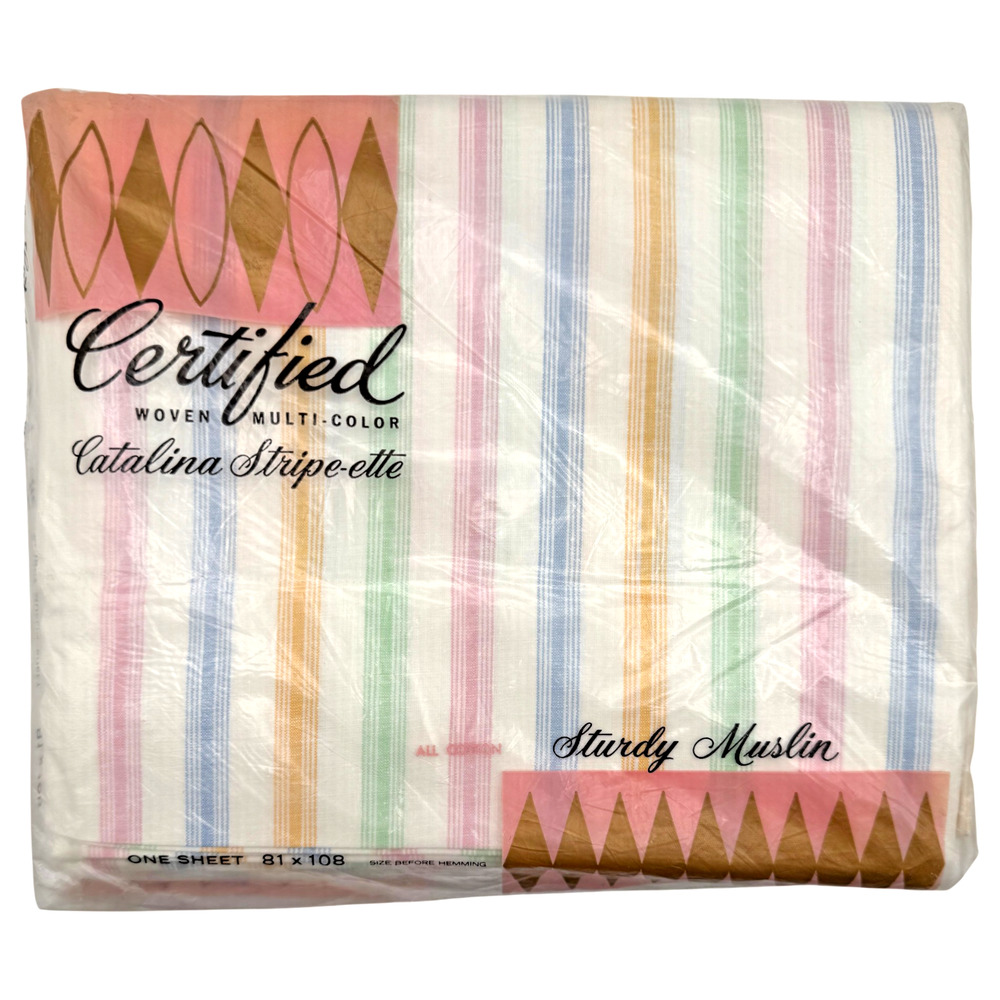 Vintage Sturdy Muslin DOUBLE Flat Sheet Catalina Multicolor Striped Sealed READ
